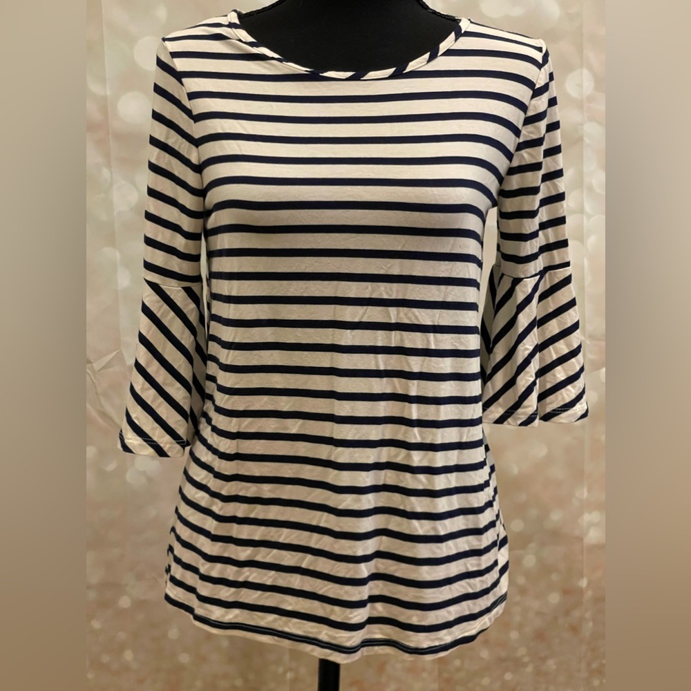 Pleione S Navy/White Striped‎ Round Neck Blouse with Bell Sleeves
